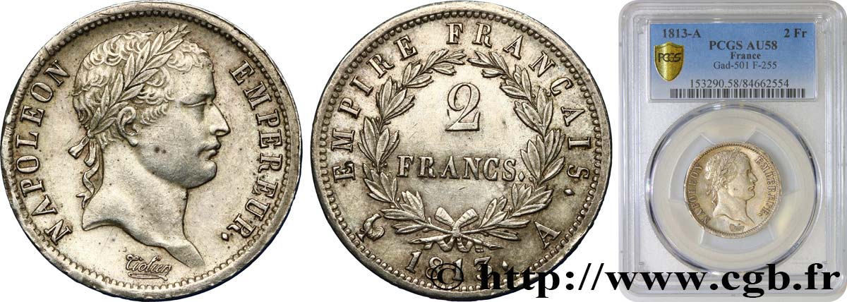 2 francs Napoléon Ier tête laurée, Empire français 1813 Paris F.255/52 AU58 PCGS