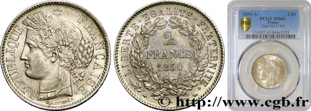 2 francs Cérès, IIe République 1850 Paris F.261/4 fST63 PCGS