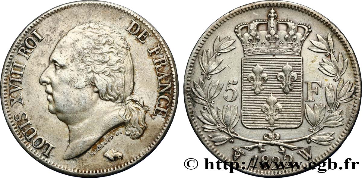 5 francs Louis XVIII, tête nue 1822 Lille F.309/75 TTB50 