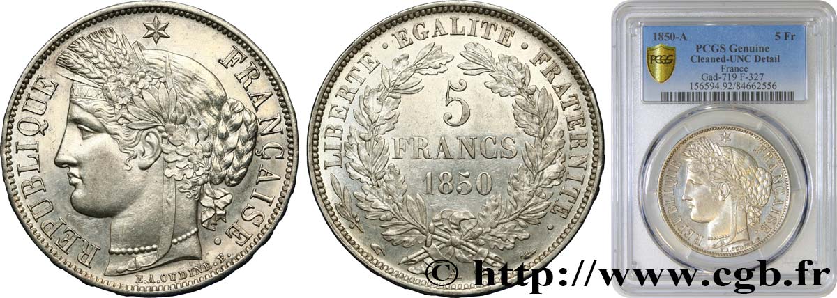 5 francs Cérès, IIe République 1850 Paris F.327/4 VZ+ PCGS