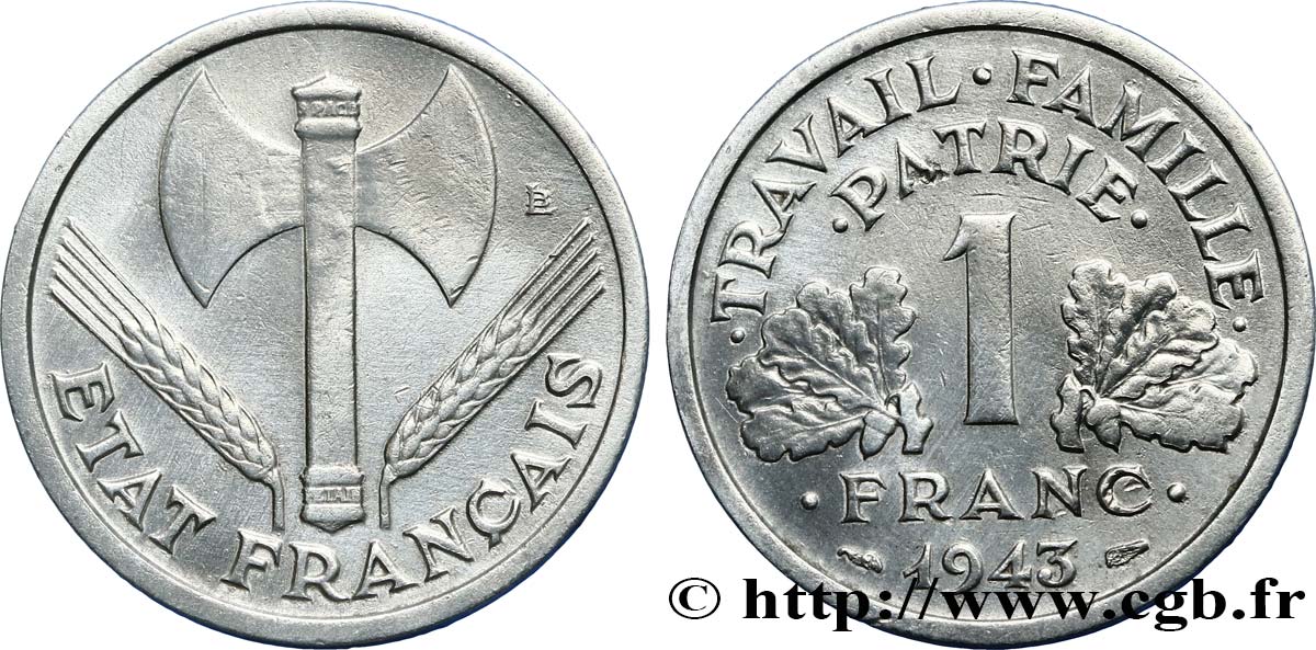 1 franc Francisque, légère, frappe médaille 1943 Paris F.223/3 var. MB35 