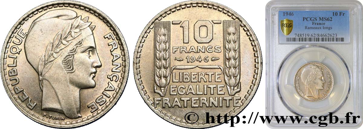 10 francs Turin, grosse tête, rameaux longs 1946 Paris F.361/3 MS62 PCGS
