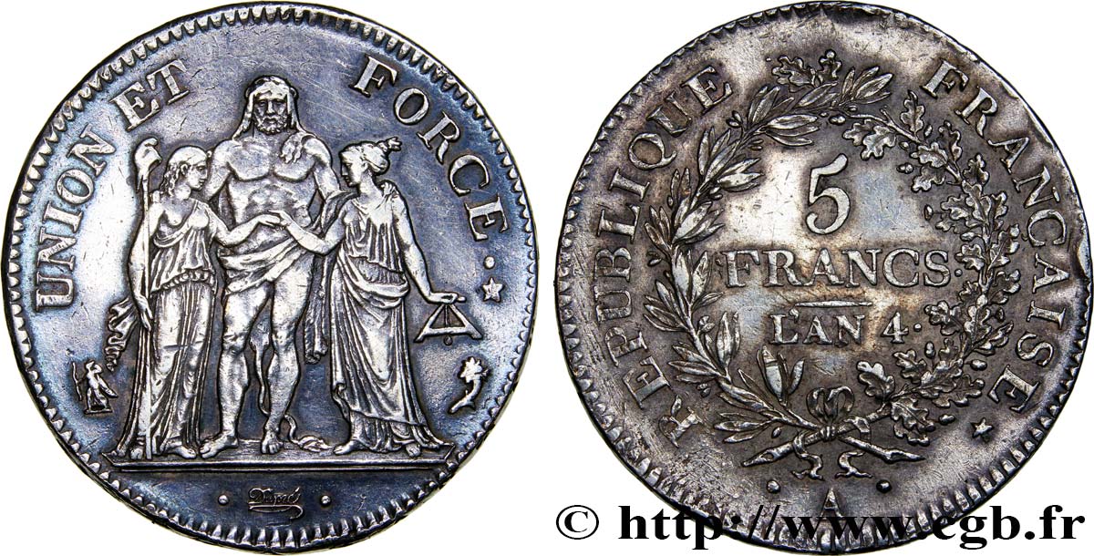5 francs Union et Force, Union serré, avec glands intérieurs et gland extérieur 1796 Paris F.288/1 SS50 