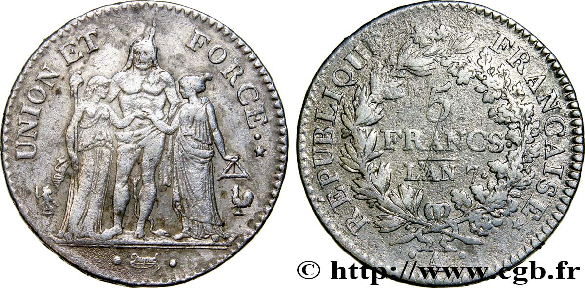 5 francs Union et Force, Union serré, avec glands intérieurs et gland extérieur 1799 Paris F.288/95 q.BB 