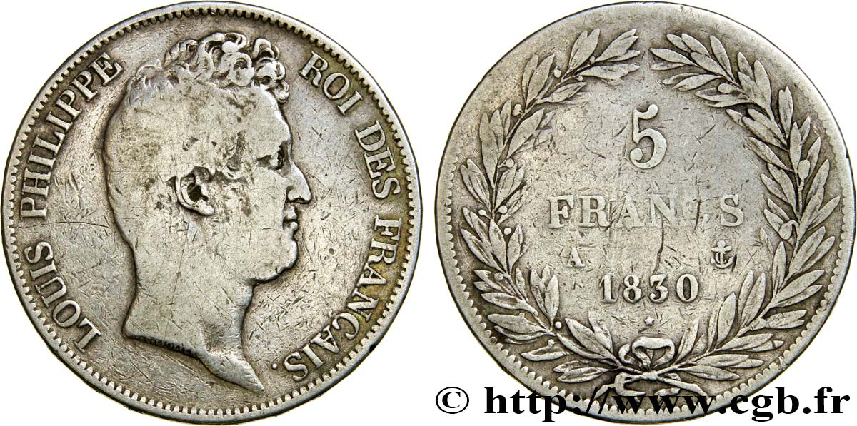 5 francs type Tiolier sans le I, tranche en relief 1830  Paris F.314/1 MB20 