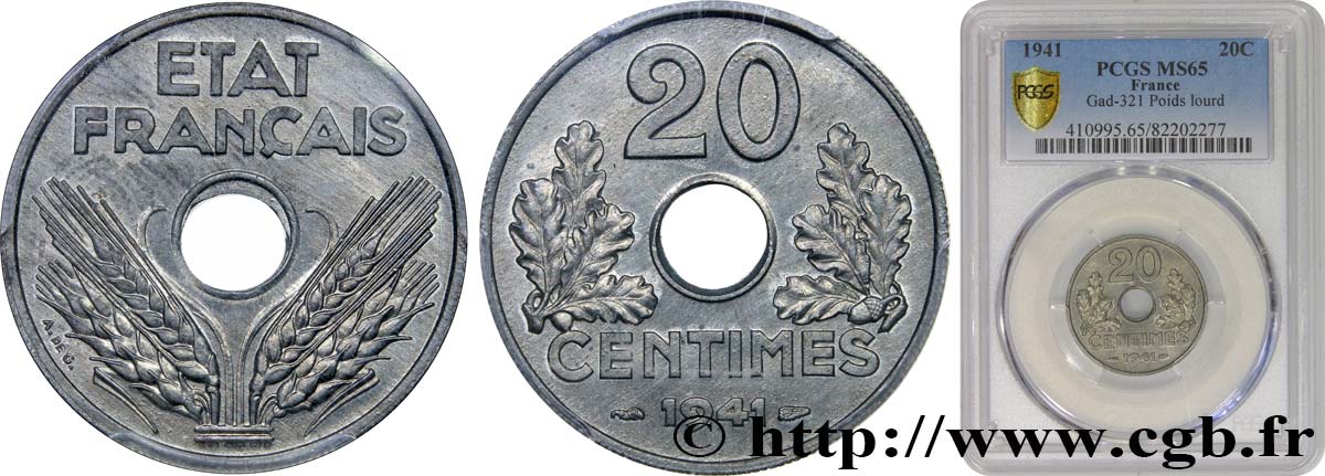 20 centimes État français, lourde 1941  F.153/2 ST65 PCGS