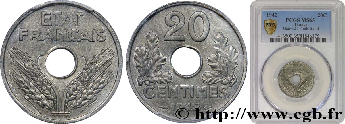 20 centimes État français 1942  F.153/4 MS65 PCGS