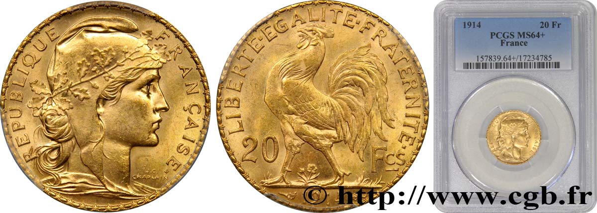 20 francs or Coq, Liberté Égalité Fraternité 1914 Paris F.535/8 SC64 PCGS