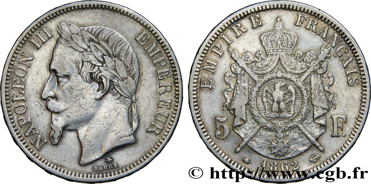 5 francs Napoléon III, tête laurée 1862 Paris F.331/4 VF 