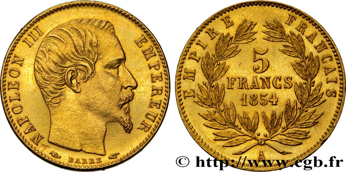 5 francs or Napoléon III, tête nue, petit module, tranche lisse 1854 Paris F.500/1 EBC60 