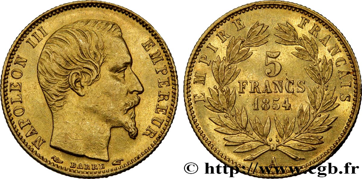 5 francs or Napoléon III, tête nue, petit module, tranche cannelée 1854 Paris F.500A/1 SPL55 