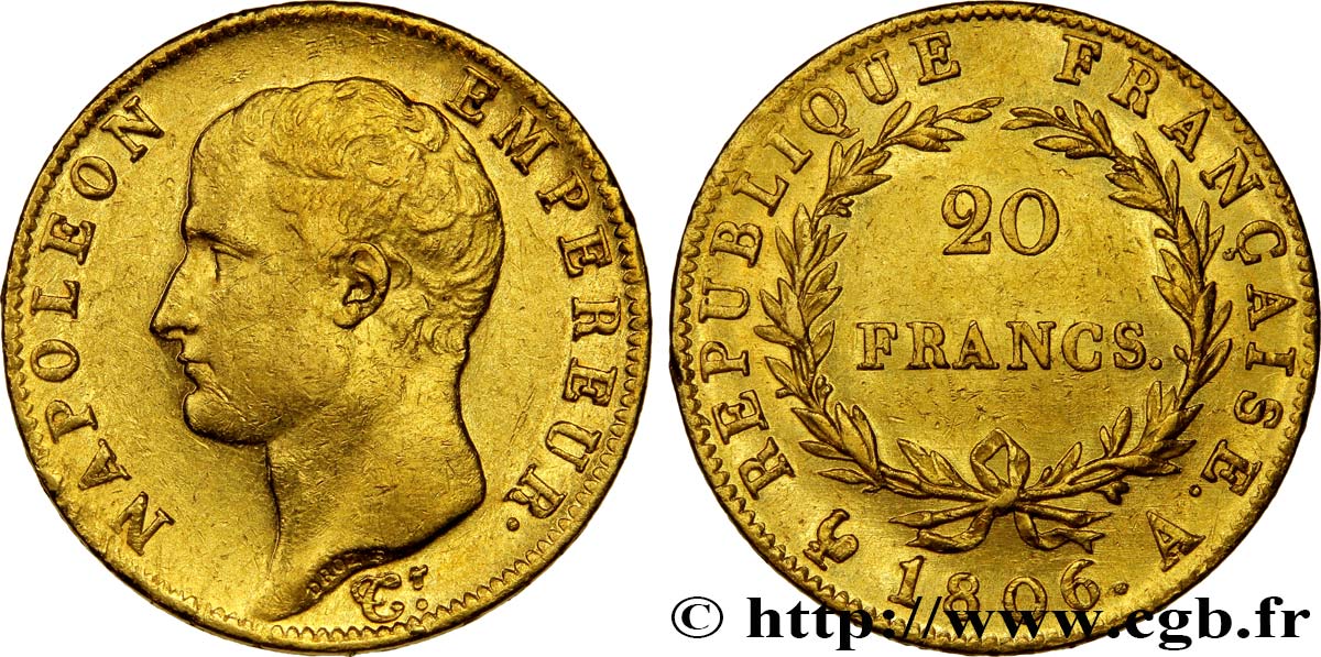 20 francs or Napoléon tête nue, Calendrier grégorien 1806 Paris F.513/1 MBC50 