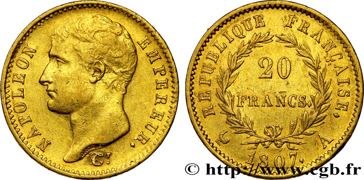 20 francs or Napoléon tête nue, type transitoire 1807 Paris F.514/1 XF48 