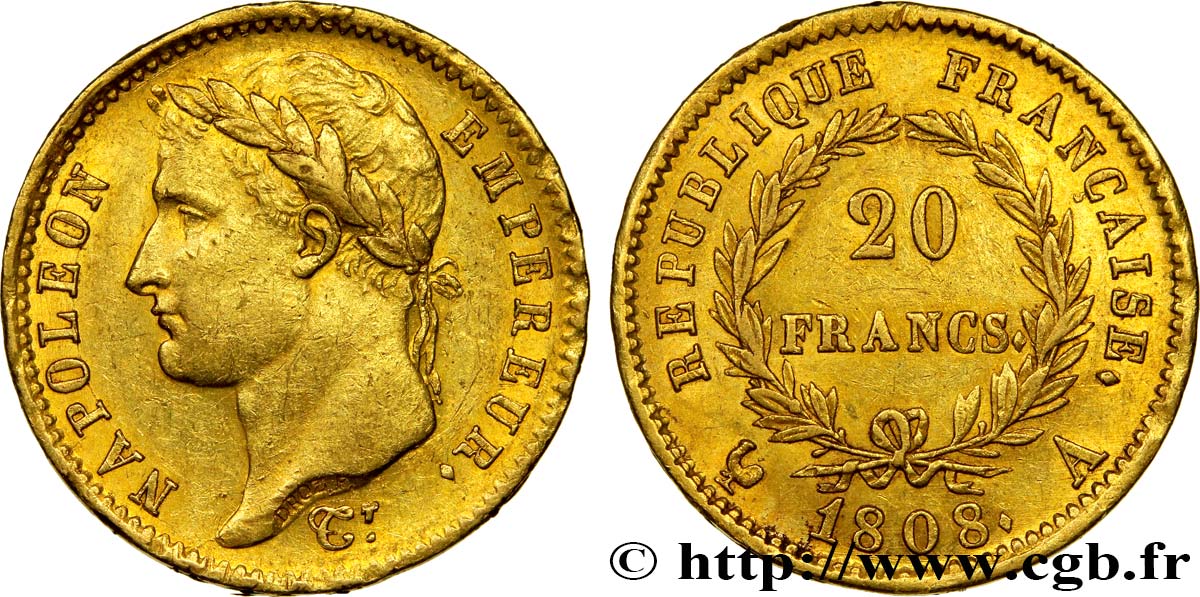 20 francs or Napoléon tête laurée, République française 1808 Paris F.515/2 SS48 