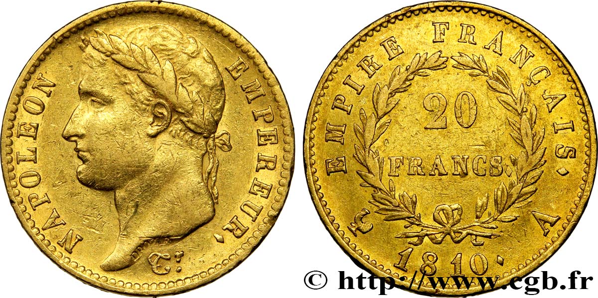 20 francs or Napoléon tête laurée, Empire français 1810 Paris F.516/9 MBC45 