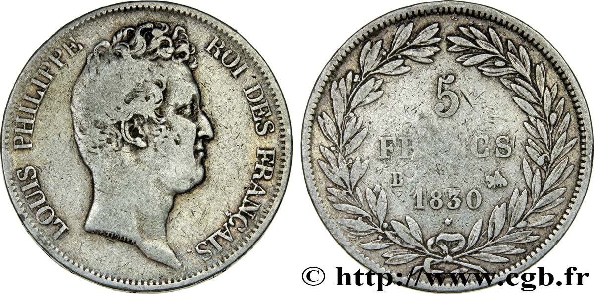 5 francs type Tiolier sans le I, tranche en creux 1830  Rouen F.313/2 S25 