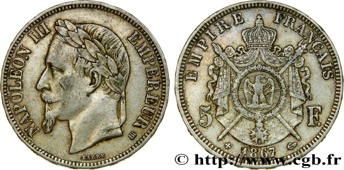 5 francs Napoléon III, tête laurée 1867 Strasbourg F.331/11 TTB45 