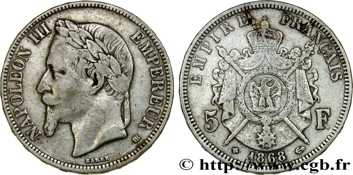 5 francs Napoléon III, tête laurée 1868 Strasbourg F.331/13 VF35 