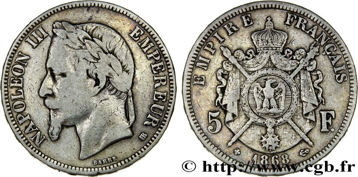 5 francs Napoléon III, tête laurée 1868 Strasbourg F.331/13 MB25 