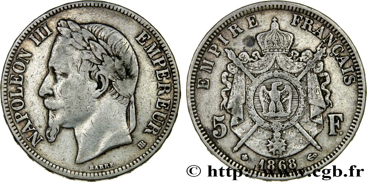 5 francs Napoléon III, tête laurée 1868 Strasbourg F.331/13 TB25 