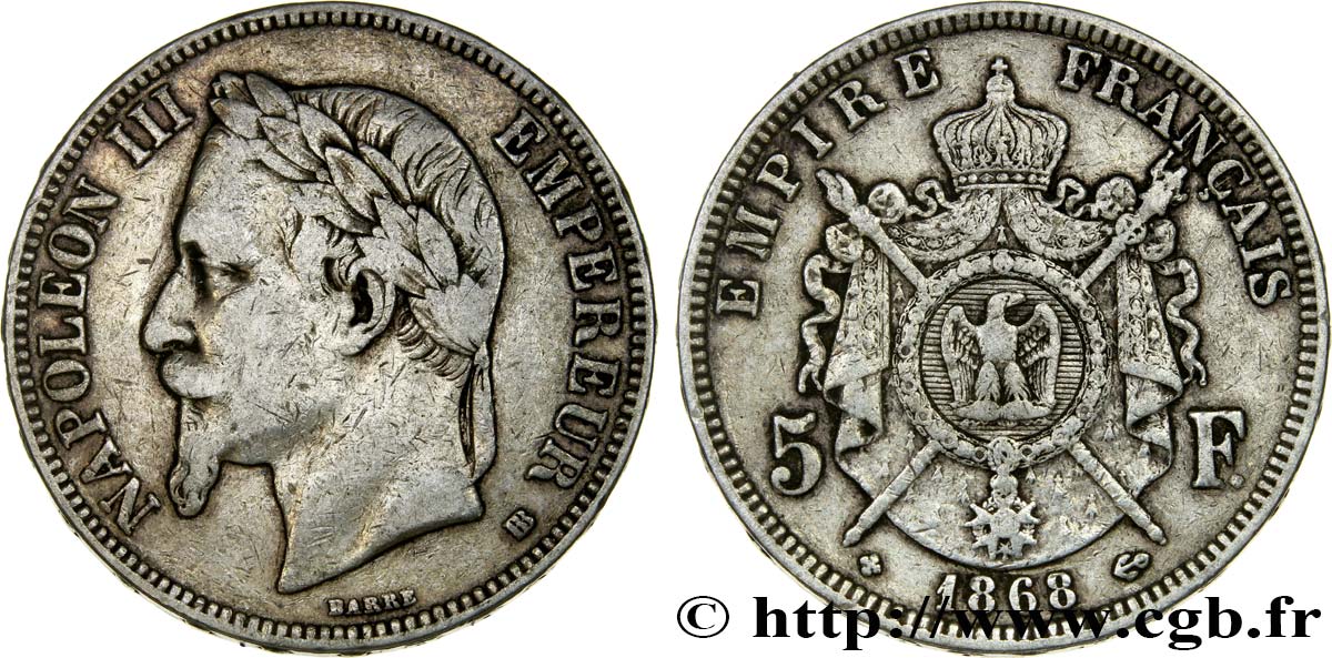 5 francs Napoléon III, tête laurée 1868 Strasbourg F.331/13 TB25 
