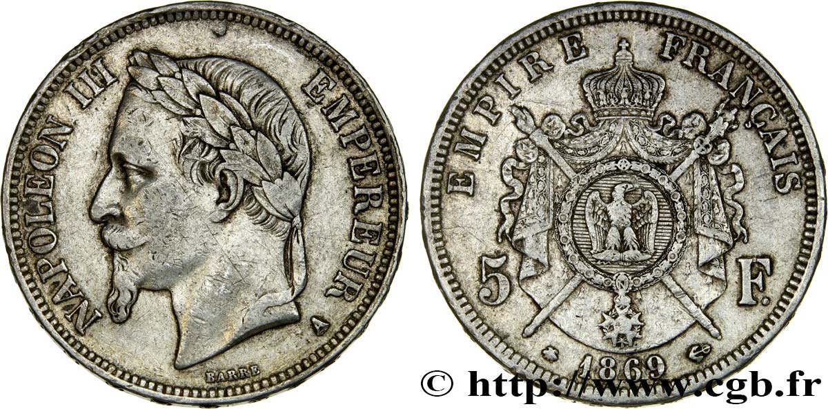 5 francs Napoléon III, tête laurée 1869 Paris F.331/14 S35 
