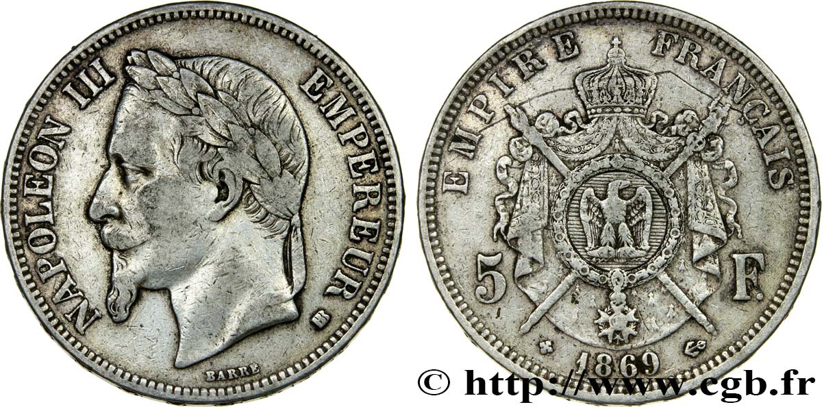 5 francs Napoléon III, tête laurée 1869 Strasbourg F.331/15 TB30 