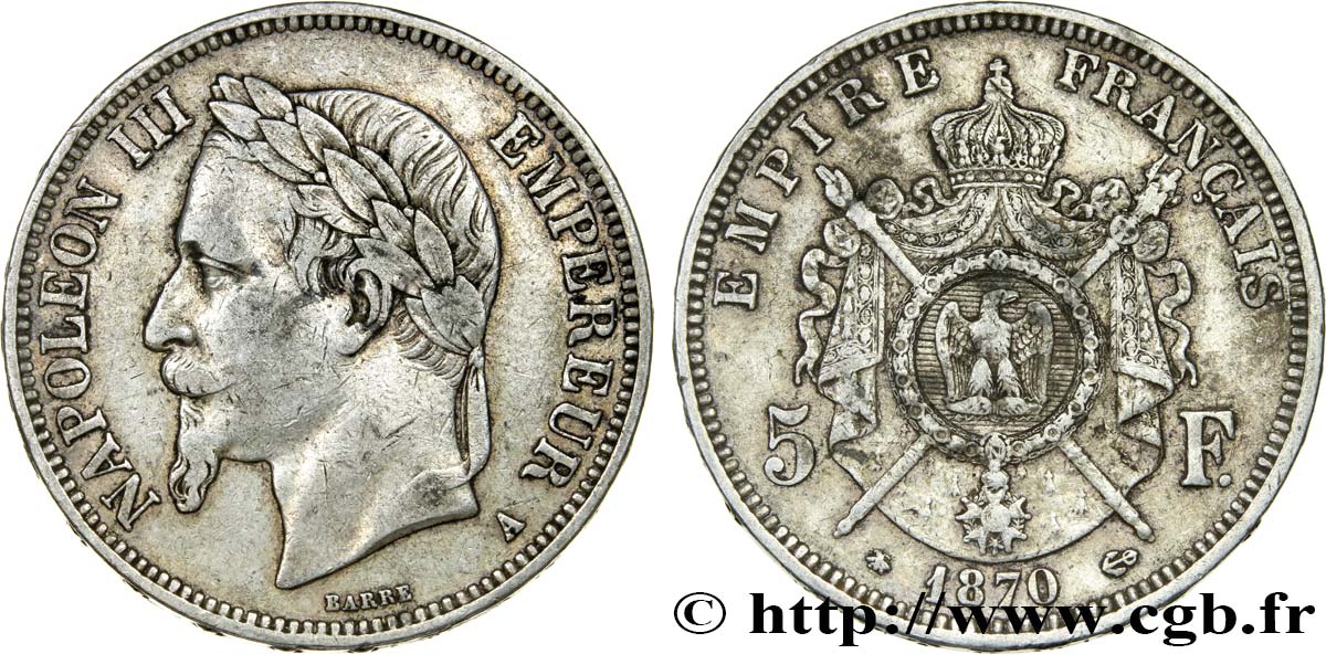 5 francs Napoléon III, tête laurée 1870 Paris F.331/16 VF35 
