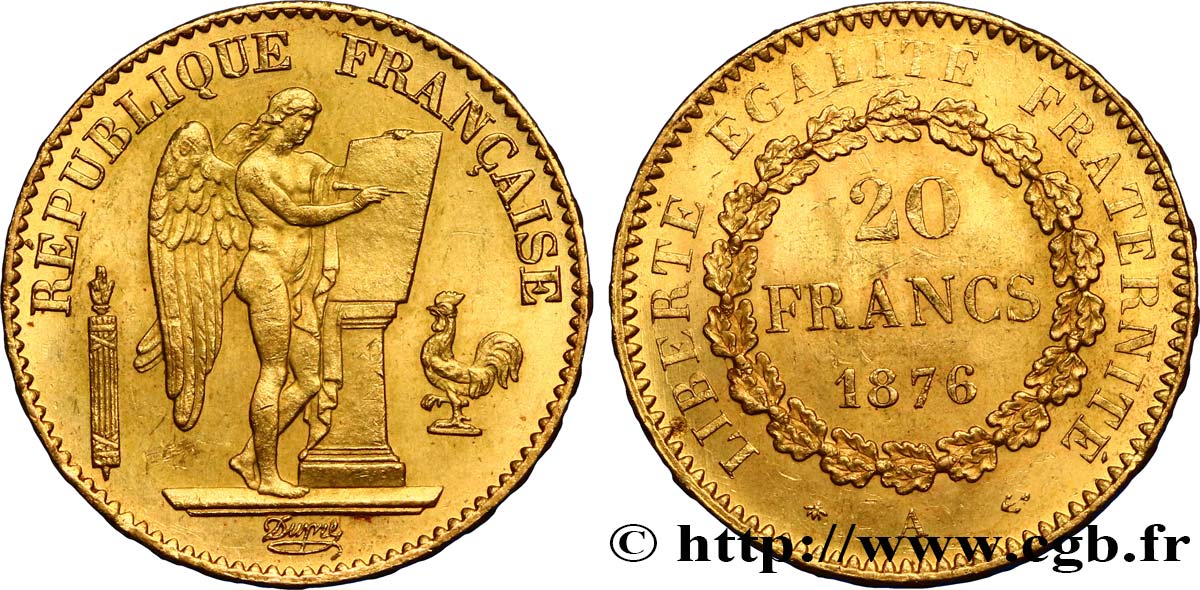 20 francs or Génie, IIIe République 1876 Paris F.533/4 AU50 