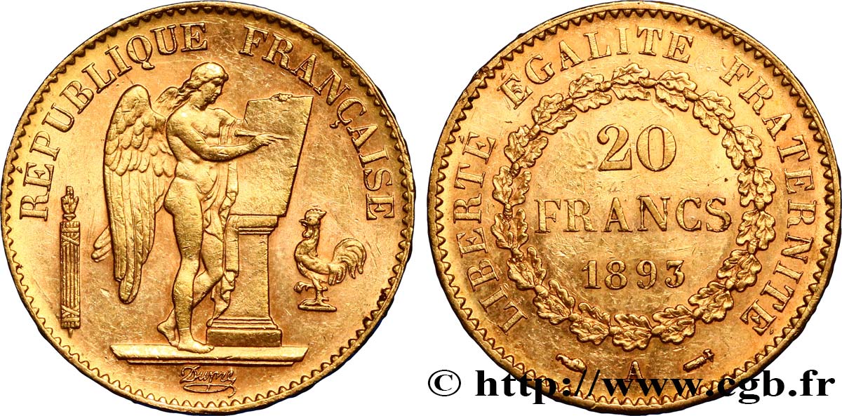 20 francs or Génie, Troisième République 1893 Paris F.533/17 MBC50 