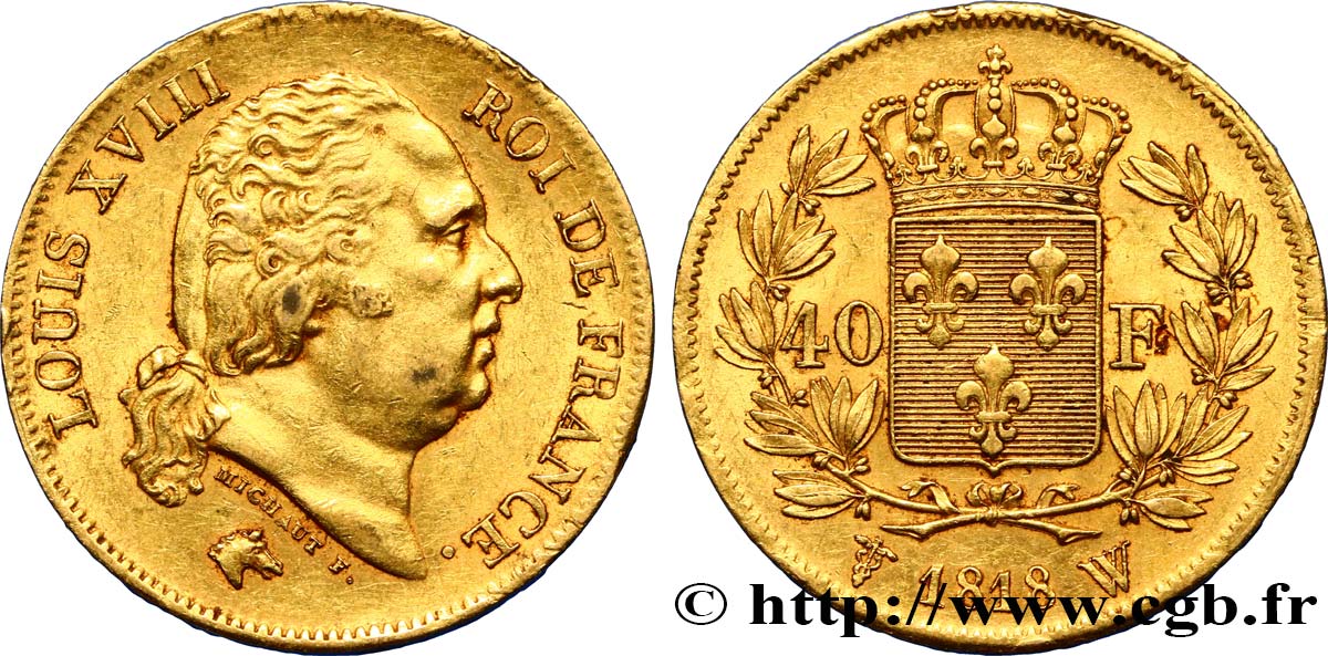 40 francs or Louis XVIII 1818 Lille F.542/8 AU50 