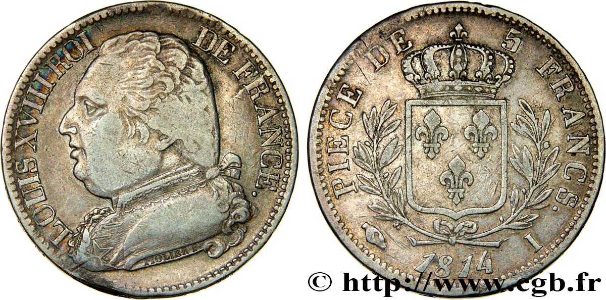 5 francs Louis XVIII, buste habillé 1814 Limoges F.308/6 BC30 