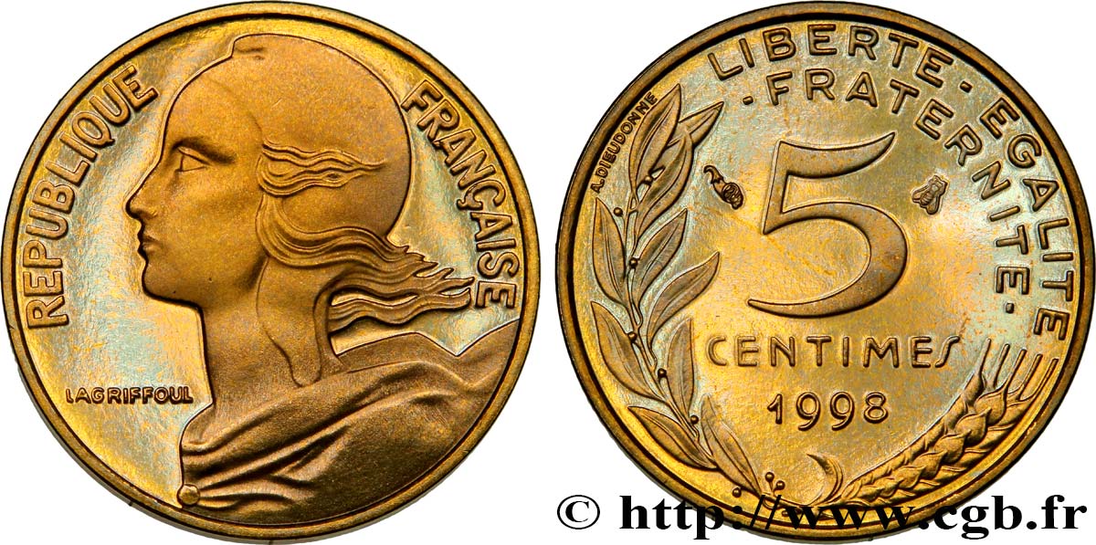 5 centimes Marianne, BE (Belle Épreuve), 3 plis 1998 Pessac F.125/- var. MS 