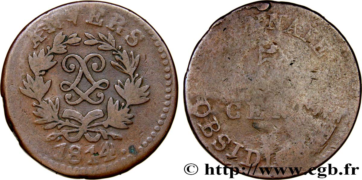 5 cent. Anvers au double L, frappe de l’arsenal de la marine 1814  Anvers F.115E/1 var. TB15 