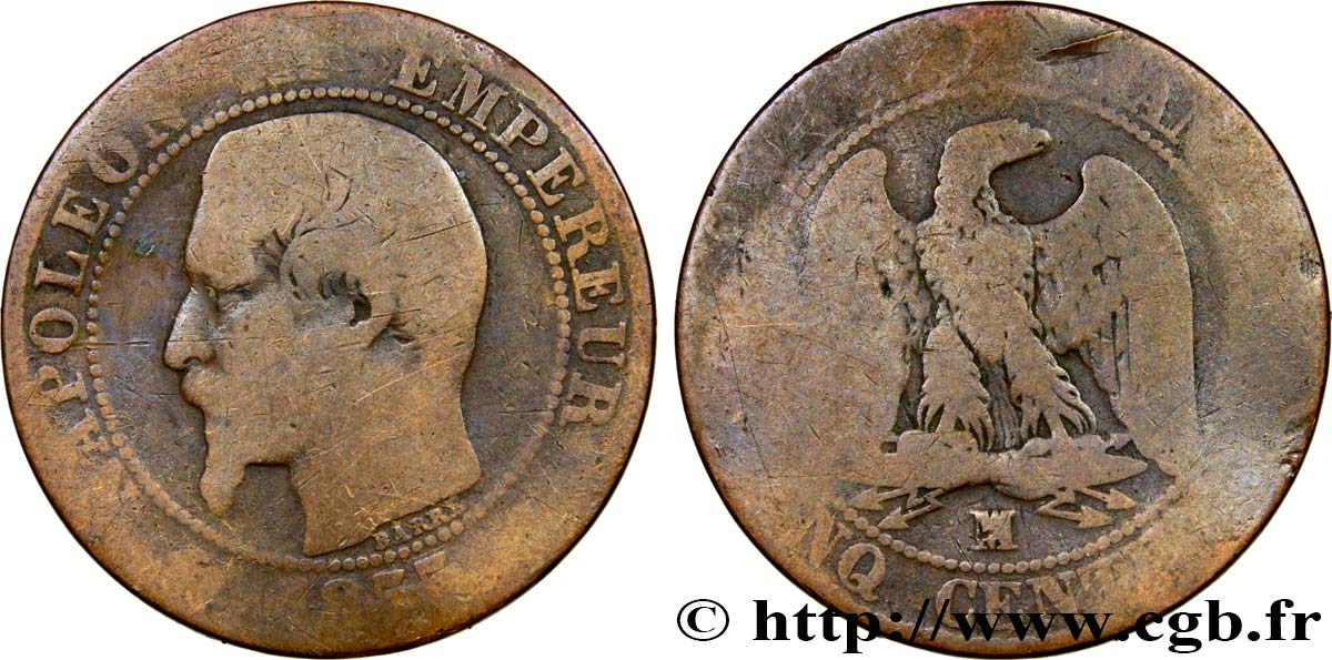 Cinq centimes Napoléon III, tête nue 1855 Marseille F.116/27 B10 