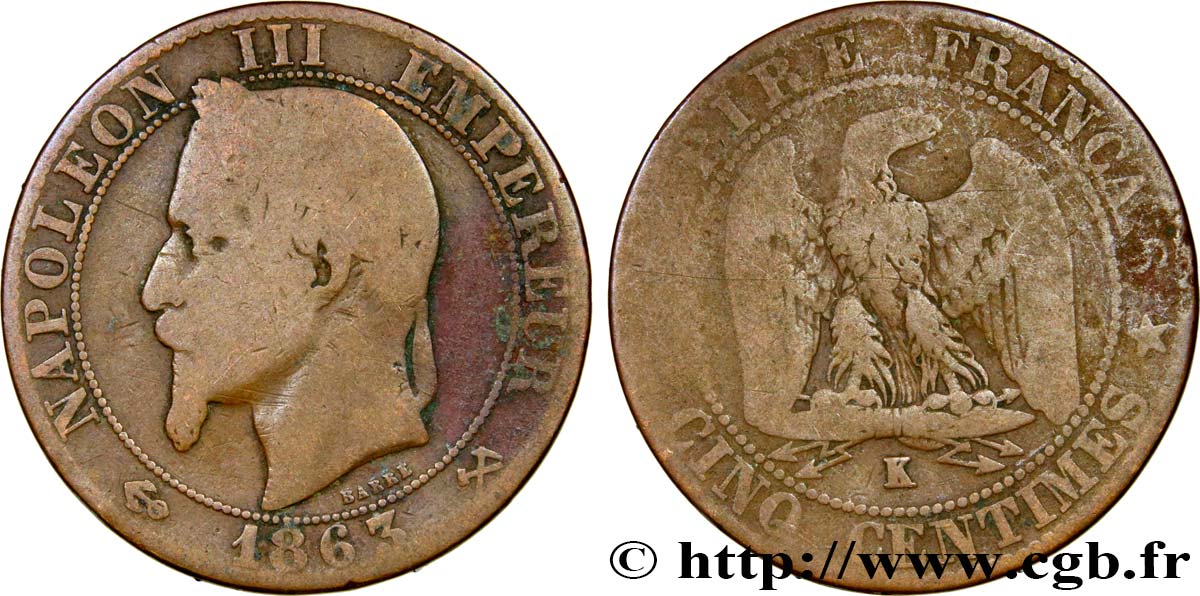 Cinq centimes Napoléon III, tête laurée 1863 Bordeaux F.117/12 VG10 