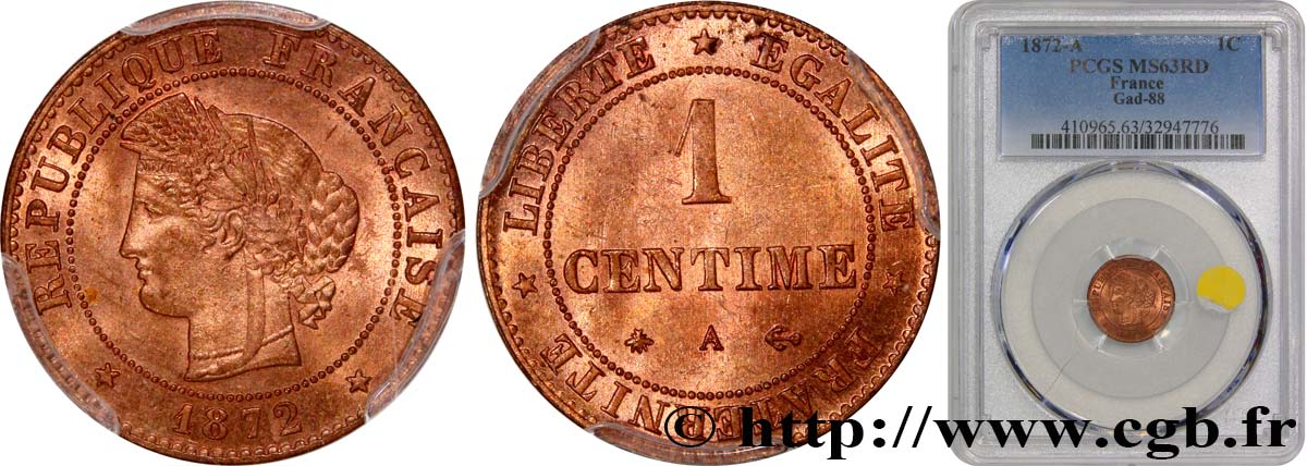 1 centime Cérès 1872 Paris F.104/1 SC63 PCGS