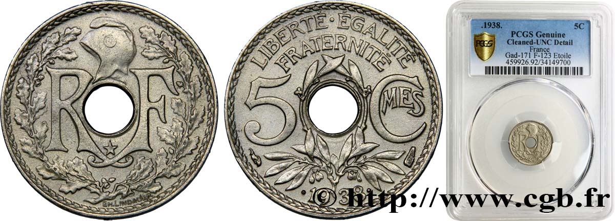 5 centimes Lindauer, maillechort, avec étoile 1938  F.123/1 SPL PCGS