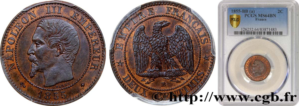 Deux centimes Napoléon III, tête nue 1855 Strasbourg F.107/24 fST64 PCGS
