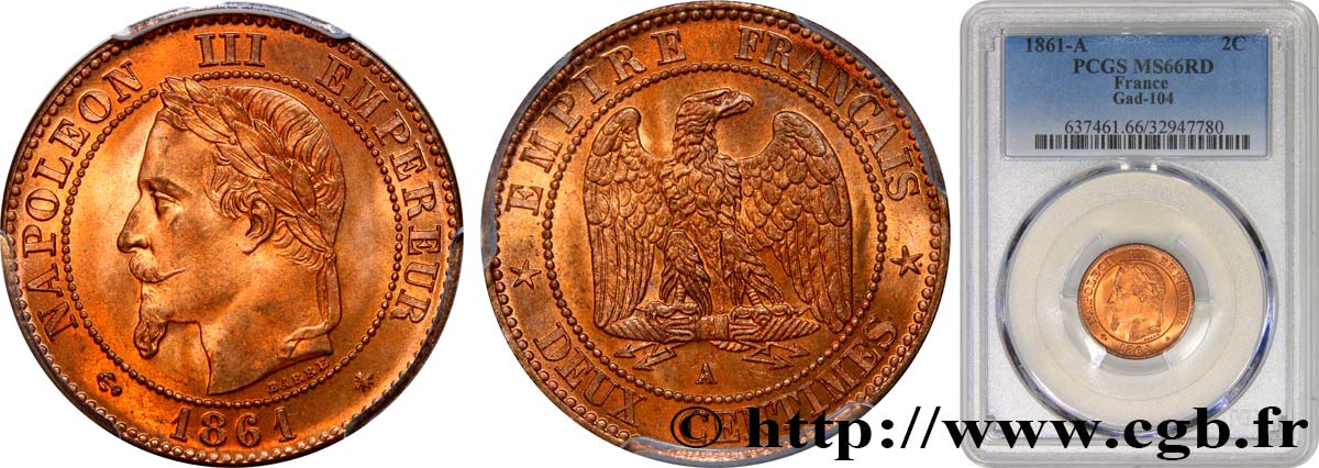 Deux centimes Napoléon III, tête laurée, buste définitif 1861 Paris F.108A/1 ST66 PCGS