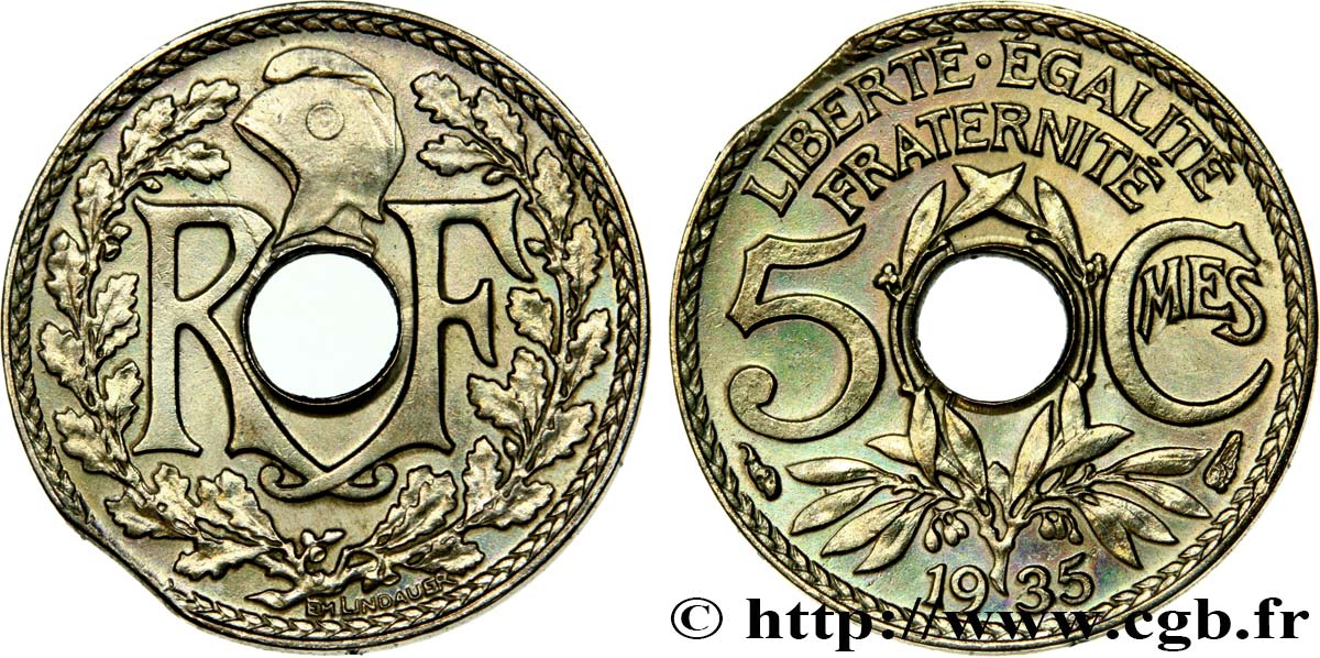 5 centimes Lindauer, petit module, flan clipé 1935 Paris F.122/18 AU 