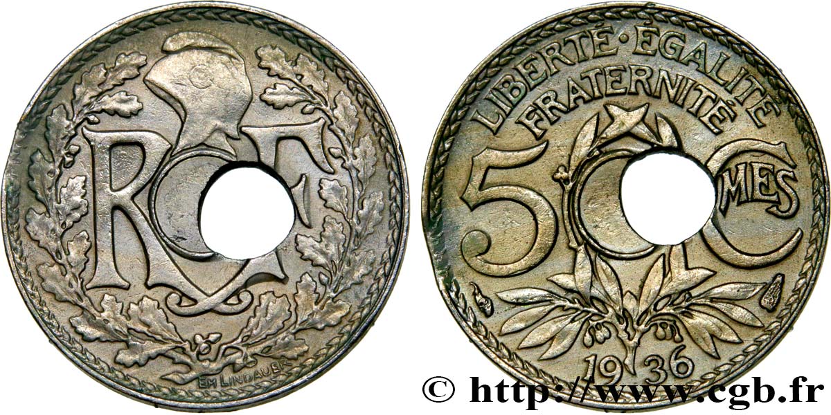 5 centimes Lindauer, petit module, fautée trou décentré type III 1936 Paris F.122/19 var. BB50 