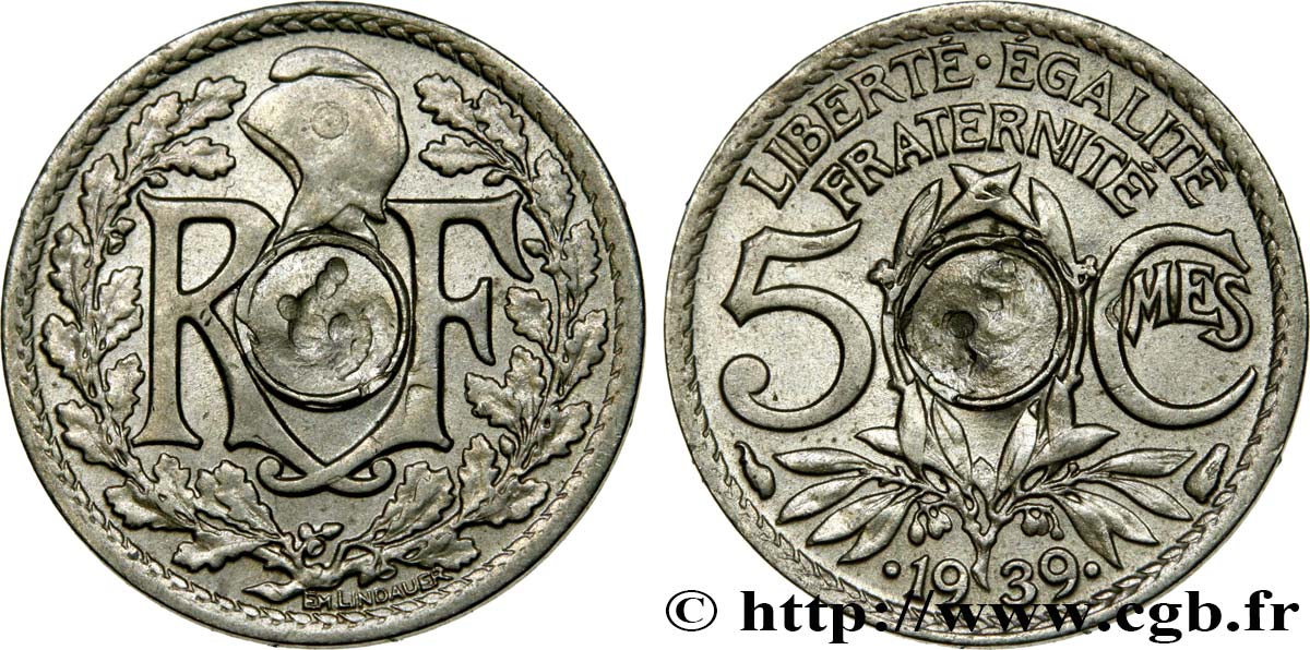 5 centimes Lindauer, maillechort, fautée non perforée 1939 Paris F.123A/3 var. AU 