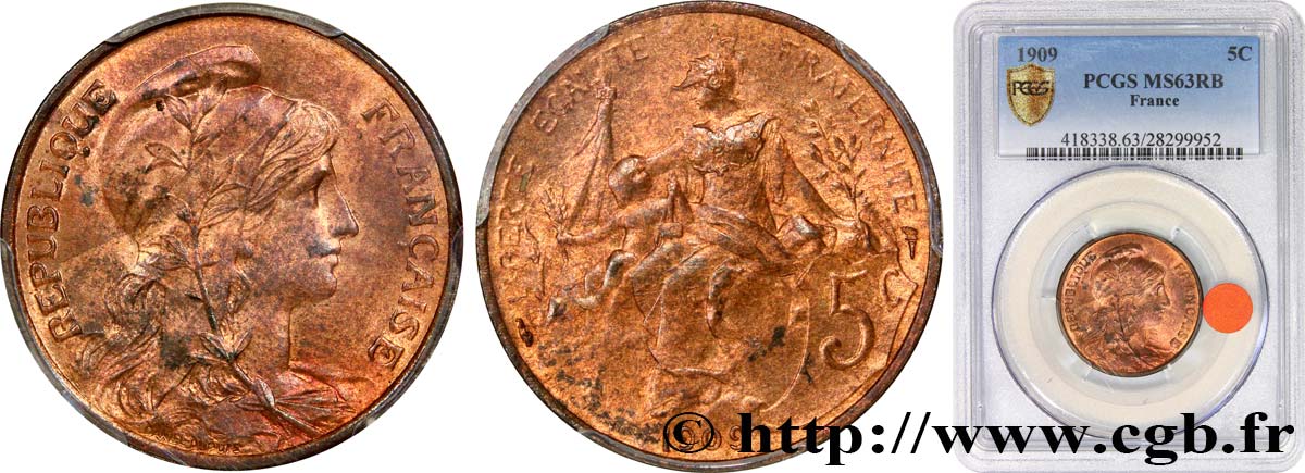 5 centimes Daniel-Dupuis 1909  F.119/20 MS63 PCGS