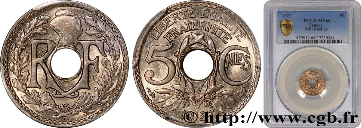 5 centimes Lindauer, petit module 1927  F.122/12 ST66 PCGS