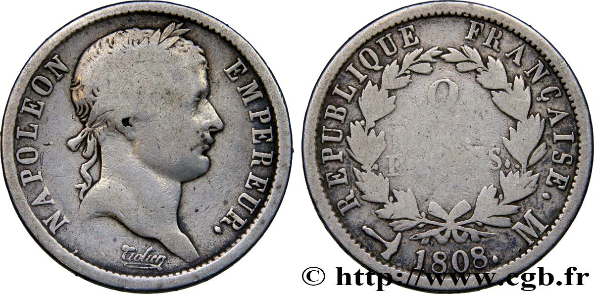 2 francs Napoléon Ier tête laurée, République française 1808 Toulouse F.254/9 VG10 