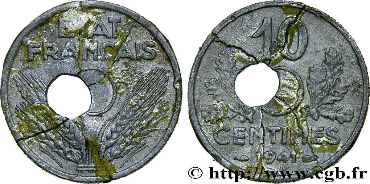 10 centimes État français, grand module, fautée trou décentré de type IV 1941 Paris F.141/2 B 
