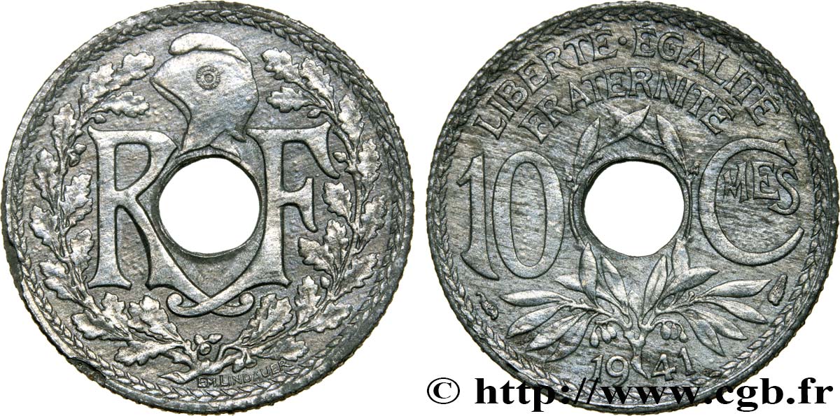 10 centimes Lindauer en zinc, Cmes non souligné et millésime sans points 1941  F.140A/1 BB54 