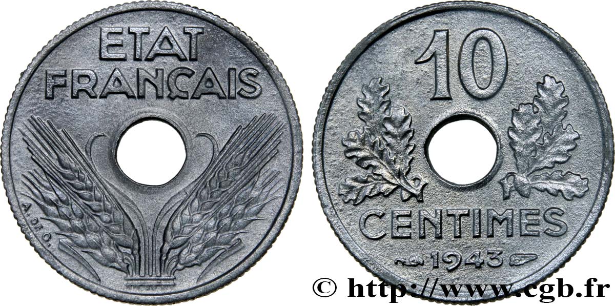10 centimes État français, petit module 1943  F.142/2 SUP58 