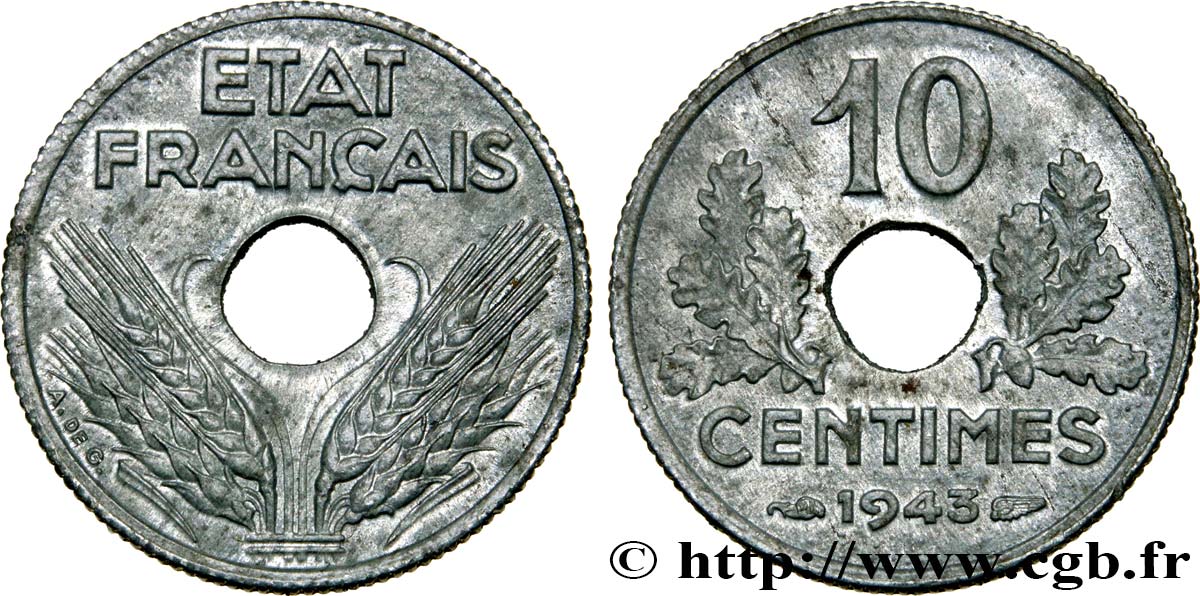 10 centimes État français, petit module 1943  F.142/2 AU58 